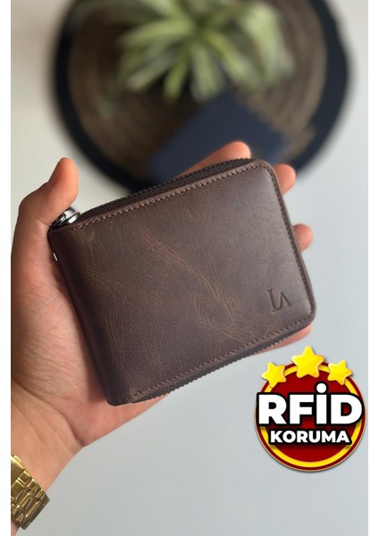 Lancy Erkek Fermuarlı Rfid Koruma Özellikli Hakiki Deri Cüzdan Crazy Kahve