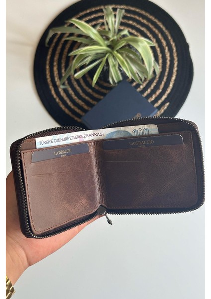 Lancy Erkek Fermuarlı Rfid Koruma Özellikli Hakiki Deri Cüzdan Crazy Kahve fırsatları