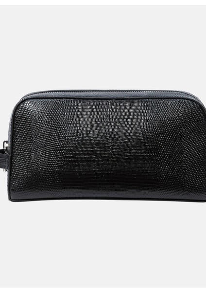 Siyah Traş Çantası Lızard Embossed Washbag/Dopp Kıt