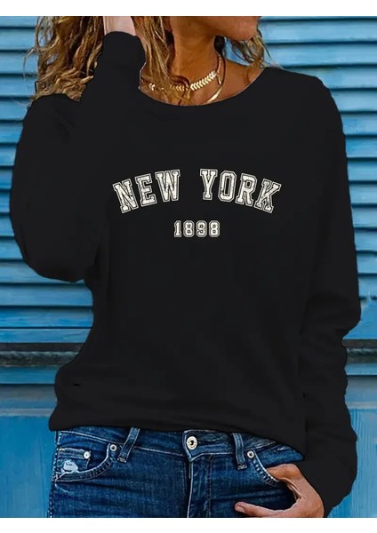 Kadın Uzun Kollu Bisiklet Yaka Yazı Baskılı Viskon Bluz