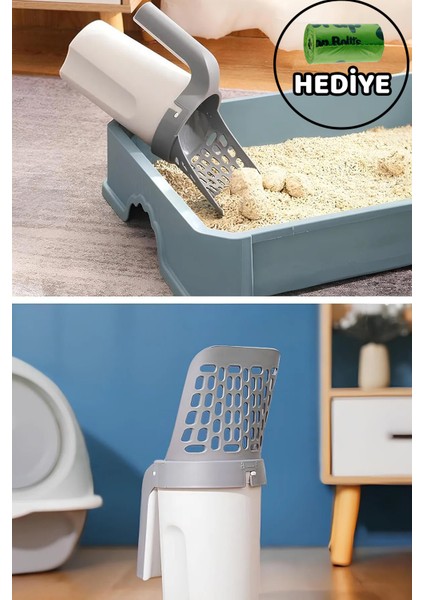 Elekli Poşet Hazneli Kedi Kum Temizleme Küreği Kaka Poşeti Hediyeli Kum Küreği