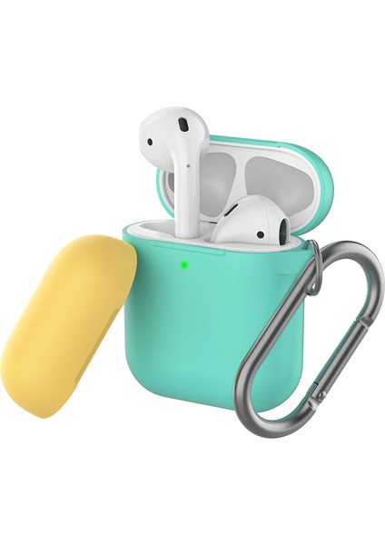 Airpods Için Şarj KUTULU(2016)/(2019)/AIRPODS ve Kablosuz Şarj KUTULU(2019)KONTRAST Renk Bölünebilir Kapak Silikon Düşmeyi Önleyici Kol-Gövde-Nane Yeşili/üst-Nane Yeşili,sarı (Yurt Dışından)