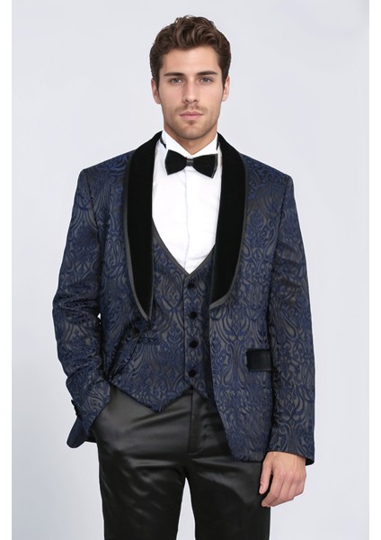 Barok Desenli Kadife Şal Yaka Yelekli Lacivert Smokin - Wessi