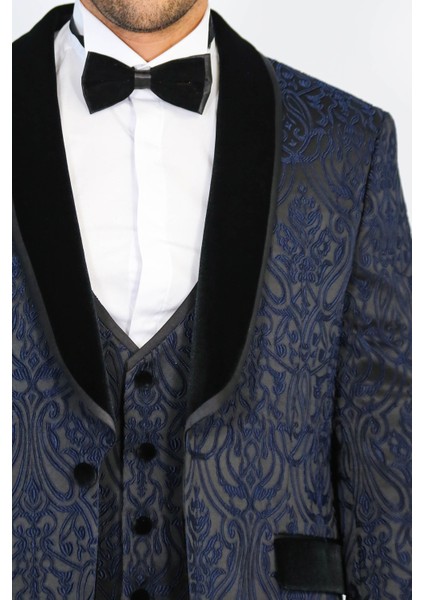 Barok Desenli Kadife Şal Yaka Yelekli Lacivert Smokin - Wessi fiyatları