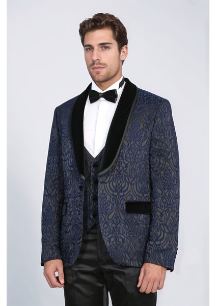 Barok Desenli Kadife Şal Yaka Yelekli Lacivert Smokin - Wessi modelleri