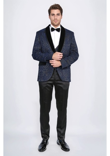 Barok Desenli Kadife Şal Yaka Yelekli Lacivert Smokin - Wessi fırsatları