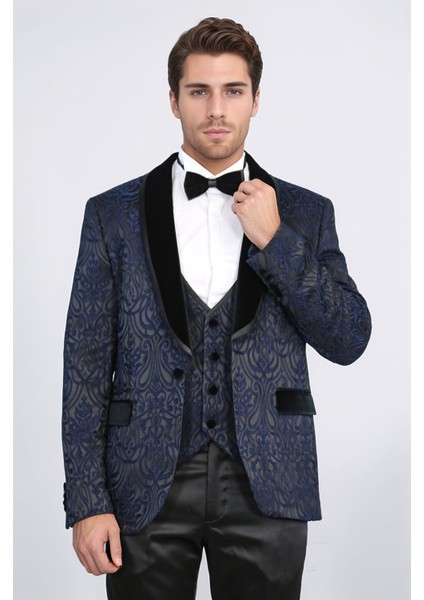Barok Desenli Kadife Şal Yaka Yelekli Lacivert Smokin - Wessi indirimleri