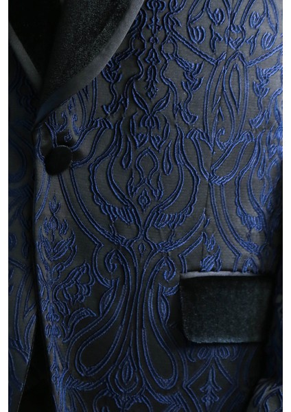Barok Desenli Kadife Şal Yaka Yelekli Lacivert Smokin - Wessi
