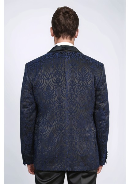 Barok Desenli Kadife Şal Yaka Yelekli Lacivert Smokin - Wessi
