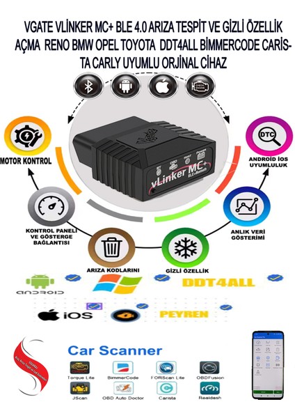 Vlinker Mc+ Ford Bmw Vw Reno Opel Gizli Özellik Açma ve Arıza Tespit Cihazı Ble 4.0 Ios Android