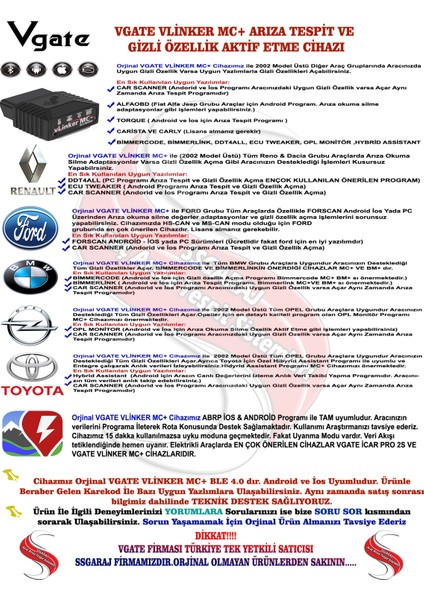 Vlinker Mc+ Ford Bmw Vw Reno Opel Gizli Özellik Açma ve Arıza Tespit Cihazı Ble 4.0 Ios Android fiyatları