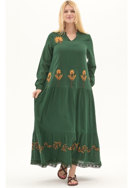 Şile Bezi Yeşil Uzun Kol Nakışlı Uzun Yazlık Elbise