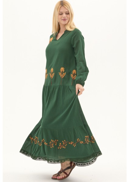 Şile Bezi Yeşil Uzun Kol Nakışlı Uzun Yazlık Elbise fiyatları