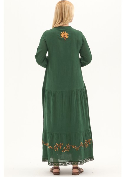 Şile Bezi Yeşil Uzun Kol Nakışlı Uzun Yazlık Elbise fırsatları