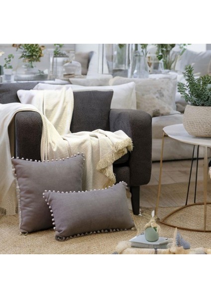 2'li Kadife Dokulu Ponponlu Kırlent Kılıfı Koyu Gri modelleri