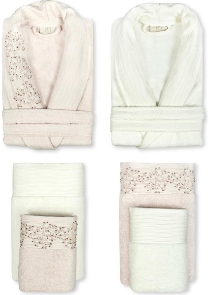6 Parça Talia Penye Nakışlı Bornoz Seti - Ekru-Pudra