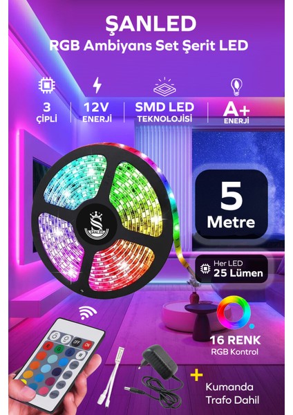 5 Metre Animasyonlu Tak Çalıştır Kumandalı Rgb Şerit Işık Aydınlatma 5 Metre-Yapışkan Set Ultra