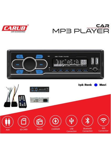 Oto Teyp-Radyo Aux/bluetooth/mp3/sd Kart/usb x 2 Şarj (Uzaktan Kumandalı) (Mavi Işıklı)