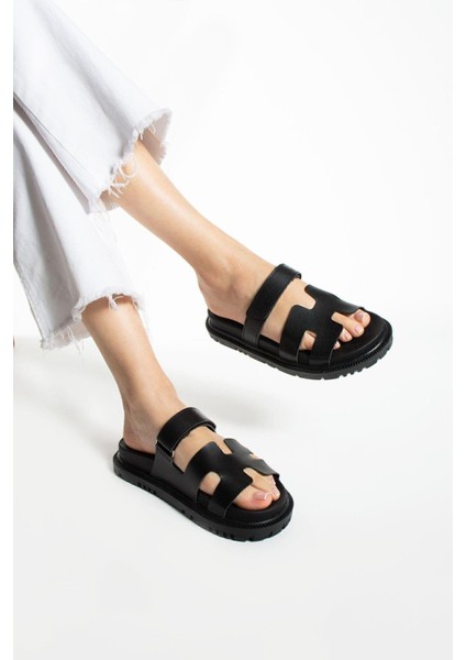 Siyah Cırtlı Kadın Terlik Suni Deri Anatomik Rahat Taban Günlük Kullanım İçin modelleri