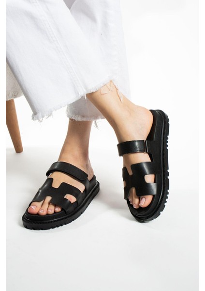 Siyah Cırtlı Kadın Terlik Suni Deri Anatomik Rahat Taban Günlük Kullanım İçin fırsatları