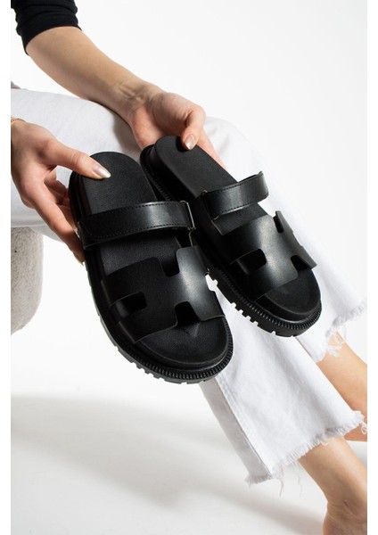 Siyah Cırtlı Kadın Terlik Suni Deri Anatomik Rahat Taban Günlük Kullanım İçin indirimleri