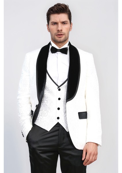 Barok Desenli Kadife Şal Yaka Yelekli Beyaz Smokin - Wessi