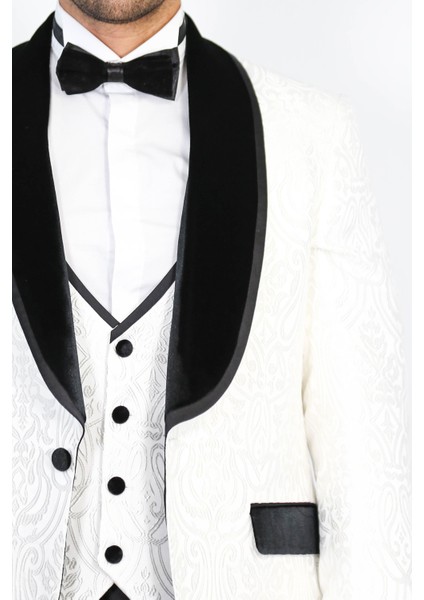 Barok Desenli Kadife Şal Yaka Yelekli Beyaz Smokin - Wessi fiyatları