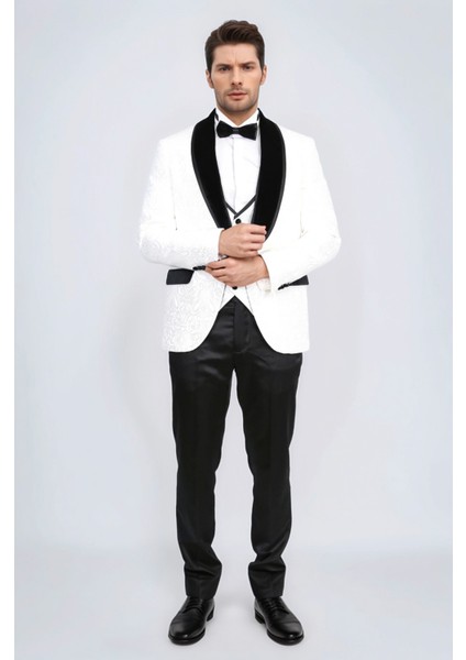 Barok Desenli Kadife Şal Yaka Yelekli Beyaz Smokin - Wessi indirimleri