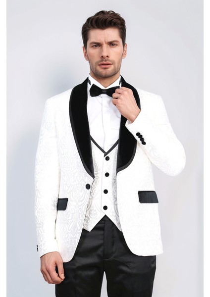 Barok Desenli Kadife Şal Yaka Yelekli Beyaz Smokin - Wessi