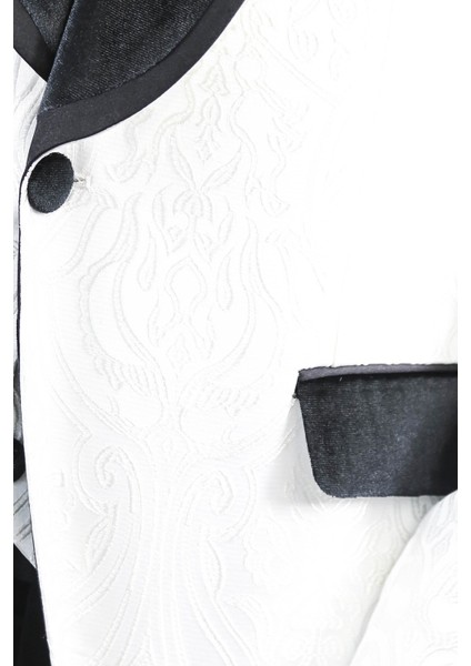 Barok Desenli Kadife Şal Yaka Yelekli Beyaz Smokin - Wessi