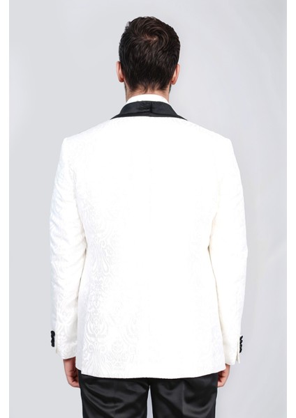 Barok Desenli Kadife Şal Yaka Yelekli Beyaz Smokin - Wessi