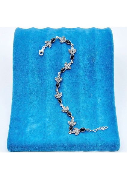 Yaprak Model Oltu Taşı Işçilikli 925 Ayar Gümüş Bileklik