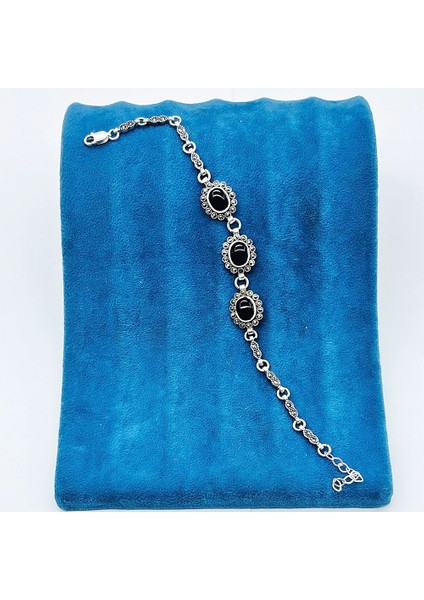 Oltu Taşı ve Zirkon Işçilikli 925 Ayar Gümüş Bileklik