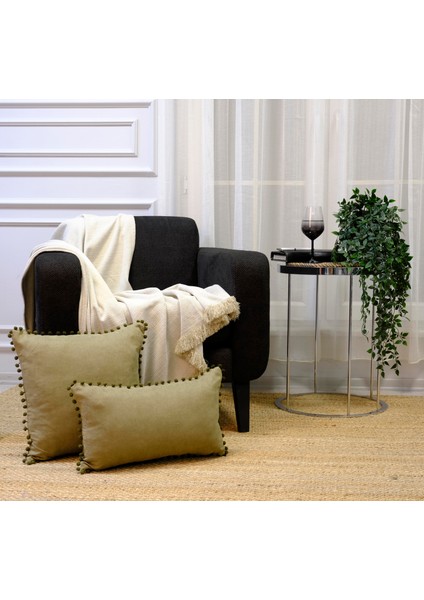 2'li Kadife Dokulu Ponponlu Kırlent Kılıfı Haki fırsatları