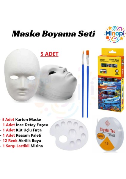 5 Adet Karton Maske , 12 Renk Akrilik Boya , Resim Fırçası , Resim Paleti , Lastikli Misina
