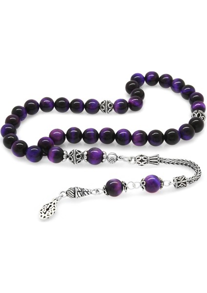 925 Ayar Gümüş Püsküllü Küre Kesim Mor Kaplangözü Doğaltaş Tesbih