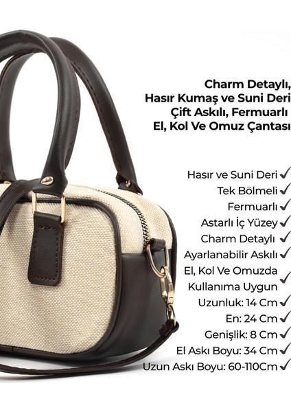 Hasır / Kahverengi SHK207 Suni Deri Charm Detaylı Fermuarlı Ayarlanabilir Askılı El, Kol ve Omuz Çantası indirimleri