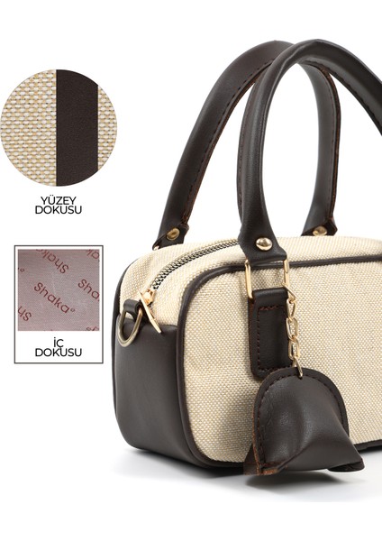 Hasır / Kahverengi SHK207 Suni Deri Charm Detaylı Fermuarlı Ayarlanabilir Askılı El, Kol ve Omuz Çantası