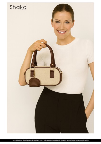 Hasır / Kahverengi SHK207 Suni Deri Charm Detaylı Fermuarlı Ayarlanabilir Askılı El, Kol ve Omuz Çantası