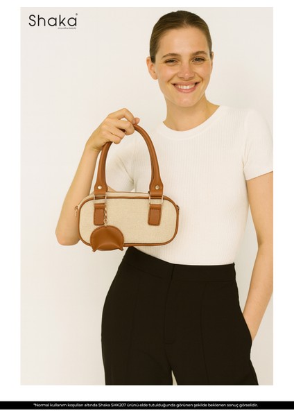 Hasır / Taba SHK207 Suni Deri Charm Detaylı Fermuarlı Ayarlanabilir Askılı El, Kol ve Omuz Çantası