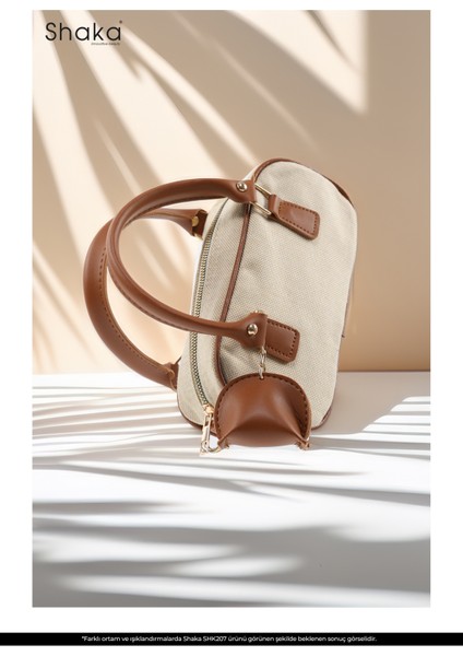 Hasır / Taba SHK207 Suni Deri Charm Detaylı Fermuarlı Ayarlanabilir Askılı El, Kol ve Omuz Çantası