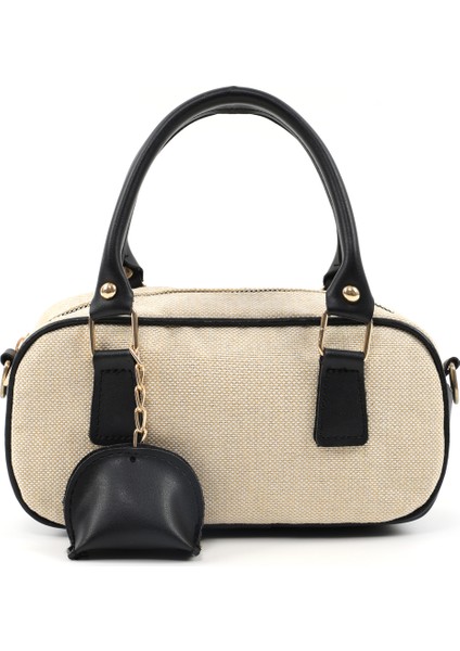 Hasır / Siyah SHK207 Suni Deri Charm Detaylı Fermuarlı Ayarlanabilir Askılı El, Kol ve Omuz Çantası