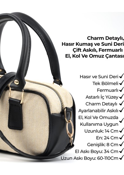 Hasır / Siyah SHK207 Suni Deri Charm Detaylı Fermuarlı Ayarlanabilir Askılı El, Kol ve Omuz Çantası indirimleri