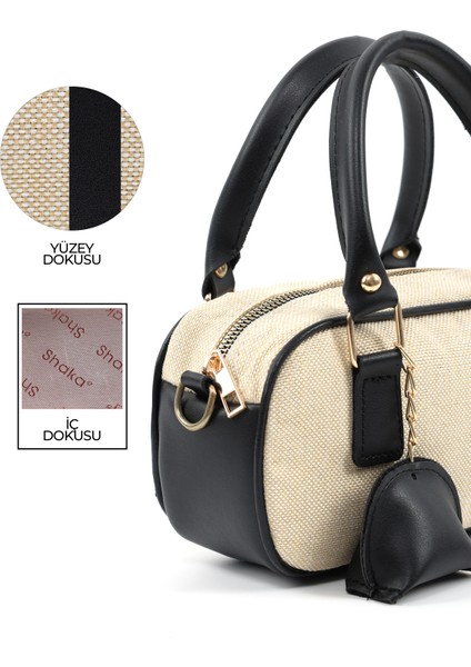 Hasır / Siyah SHK207 Suni Deri Charm Detaylı Fermuarlı Ayarlanabilir Askılı El, Kol ve Omuz Çantası
