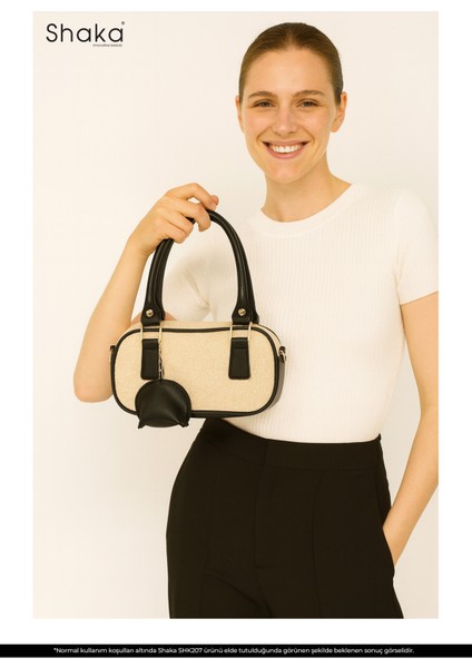 Hasır / Siyah SHK207 Suni Deri Charm Detaylı Fermuarlı Ayarlanabilir Askılı El, Kol ve Omuz Çantası