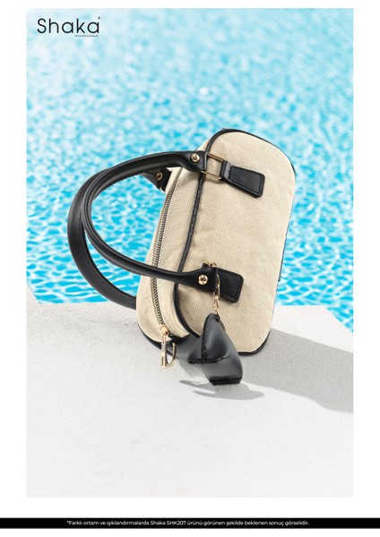 Hasır / Siyah SHK207 Suni Deri Charm Detaylı Fermuarlı Ayarlanabilir Askılı El, Kol ve Omuz Çantası