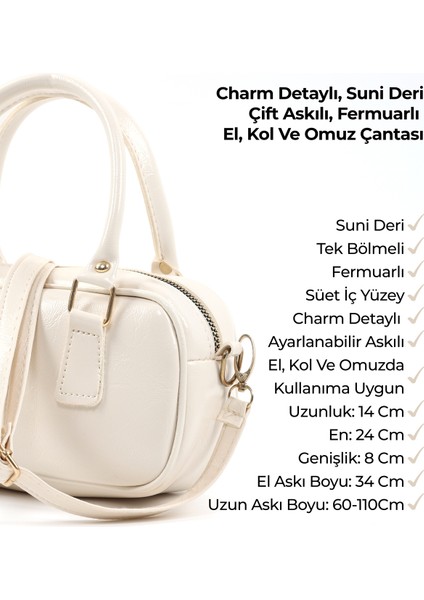Kırışık Dokulu Krem SHK207 Suni Deri Charm Detaylı Fermuarlı Ayarlanabilir Askılı El, Kol ve Omuz Çantası U:14 E:24 G:8 cm