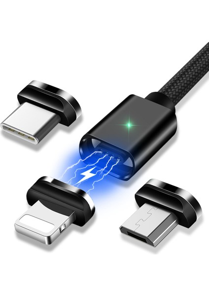 Micor + Type-C + Lightning 3'ü 1 Arada Manyetik Veri Senkronizasyon Şarj Kablosu, 2m-Siyah (Yurt Dışından)