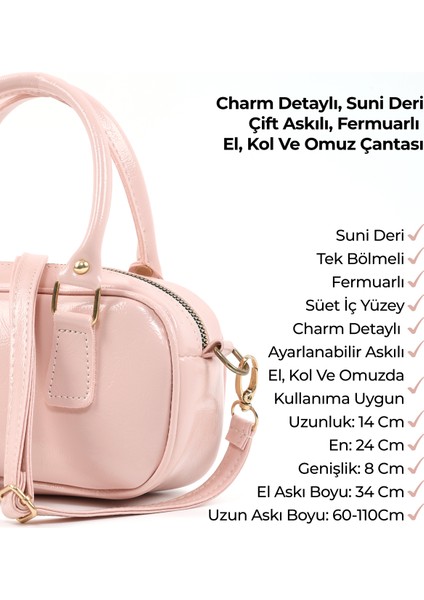 Şeker Pembesi SHK207 Suni Deri Charm Detaylı Fermuarlı Ayarlanabilir Askılı El, Kol ve Omuz Çantası U:14 E:24 G:8 cm