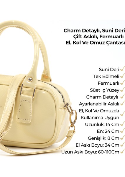 Sarı SHK207 Suni Deri Charm Detaylı Fermuarlı Ayarlanabilir Askılı El, Kol ve Omuz Çantası U:14 E:24 G:8 cm
